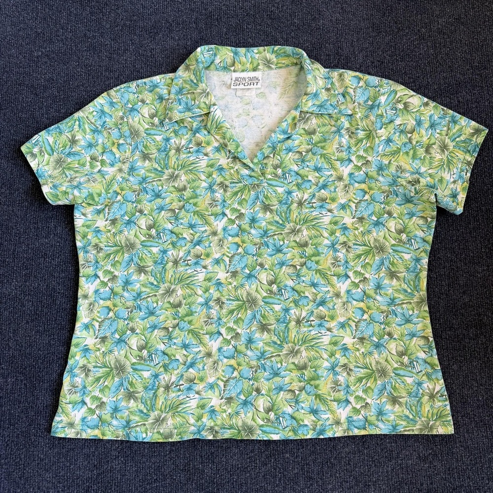 Vintage Jaclyn Smith Sport Blouse Womens XL Green Hawaiian Floral Collared Top